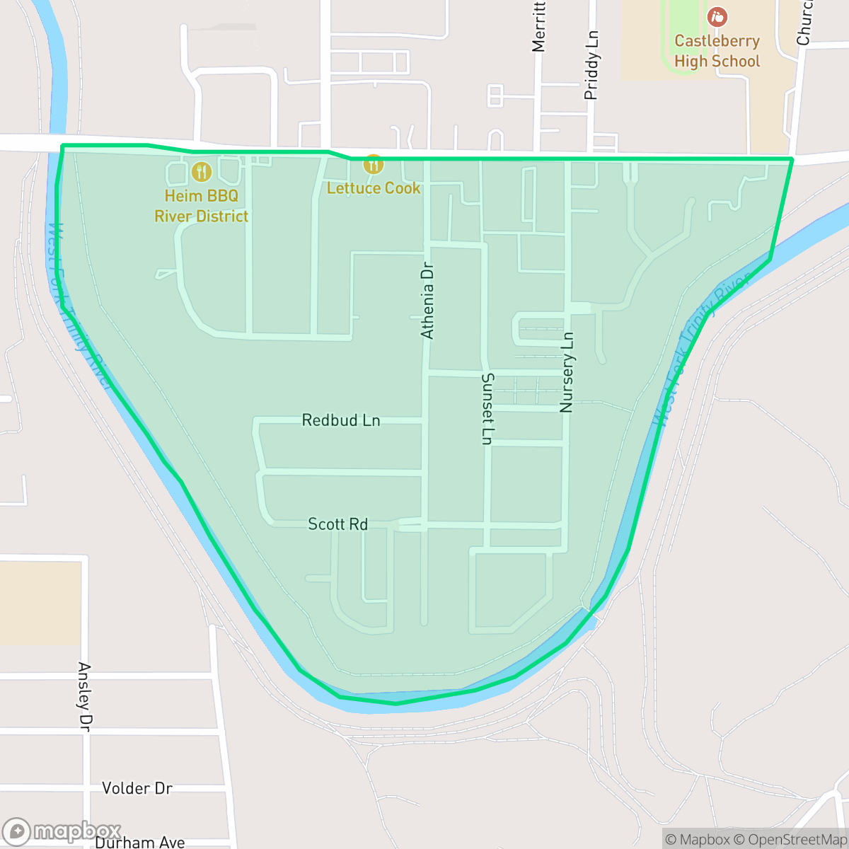 Map showing the location of Riverbend, Fort Worth, TX