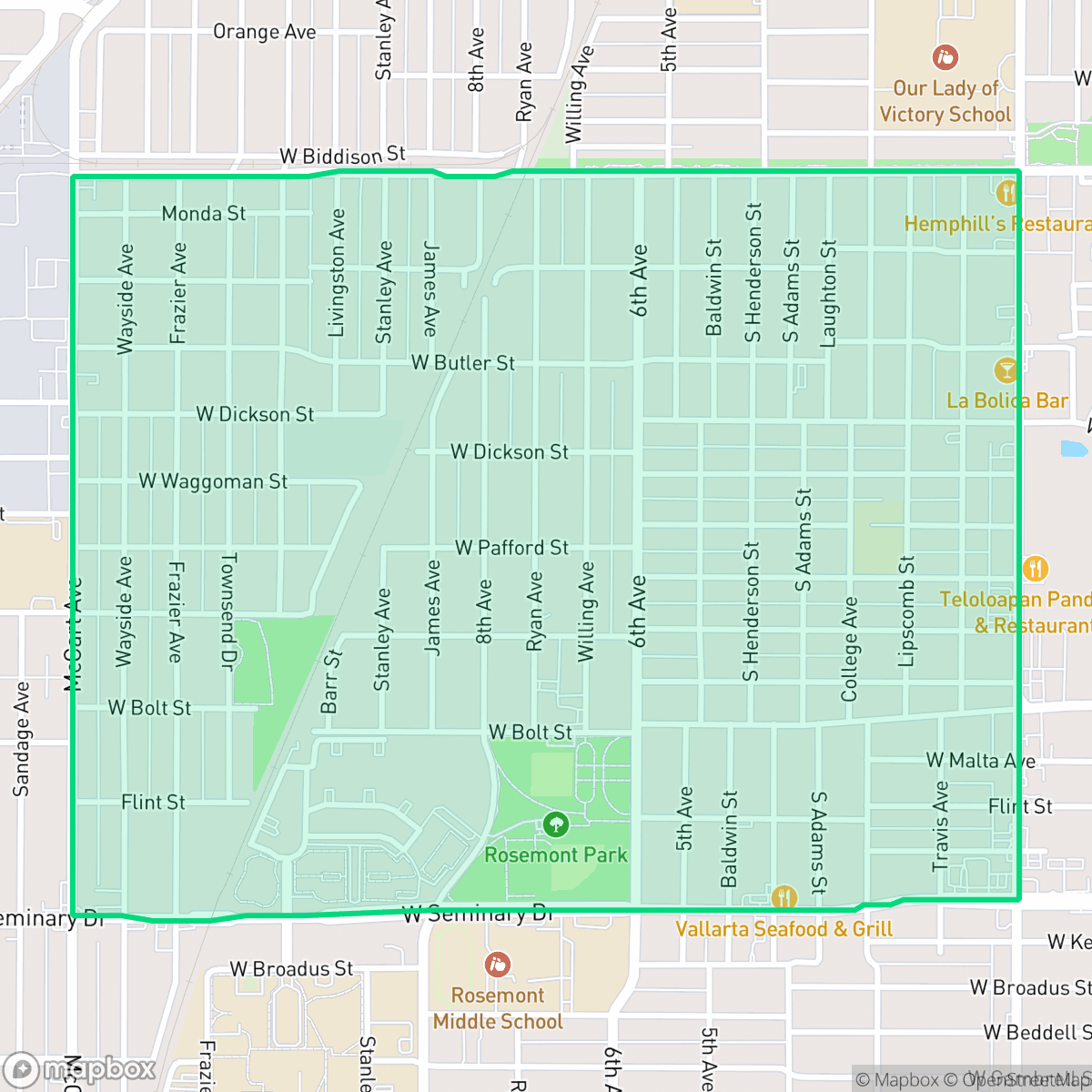 Map showing the location of Rosemont, Fort Worth, TX