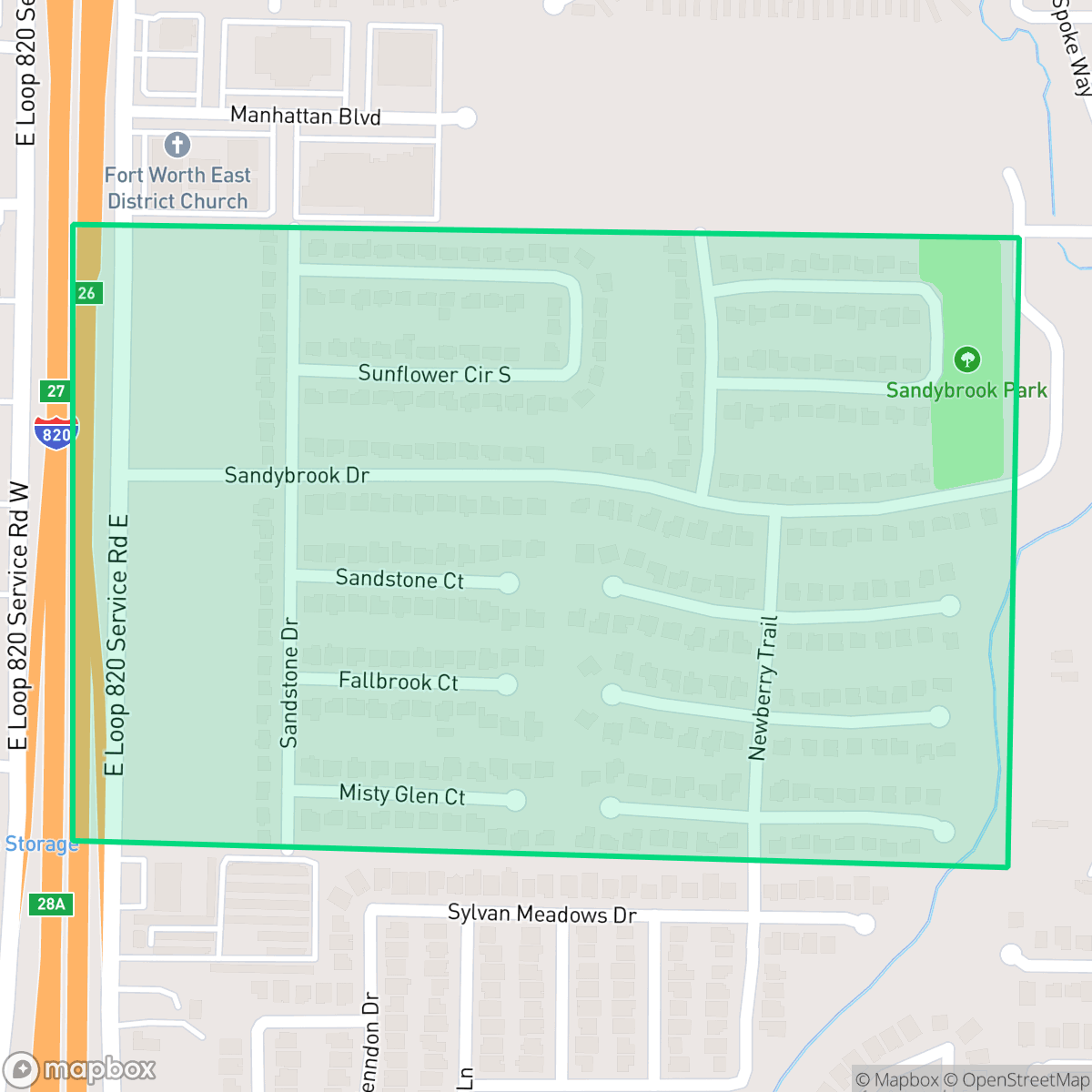 Map showing the location of Sandybrook, Fort Worth, TX
