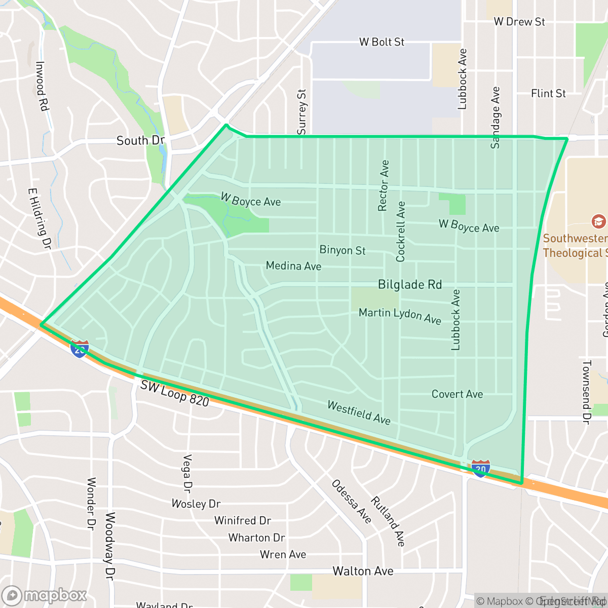 Map showing the location of South Hills, Fort Worth, TX