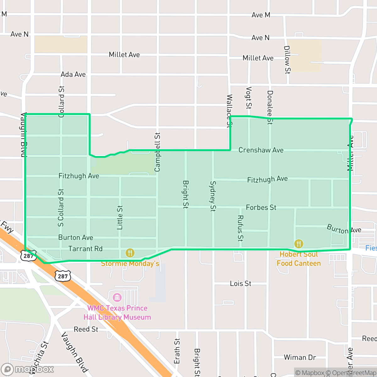 Map showing the location of South Poly, Fort Worth, TX
