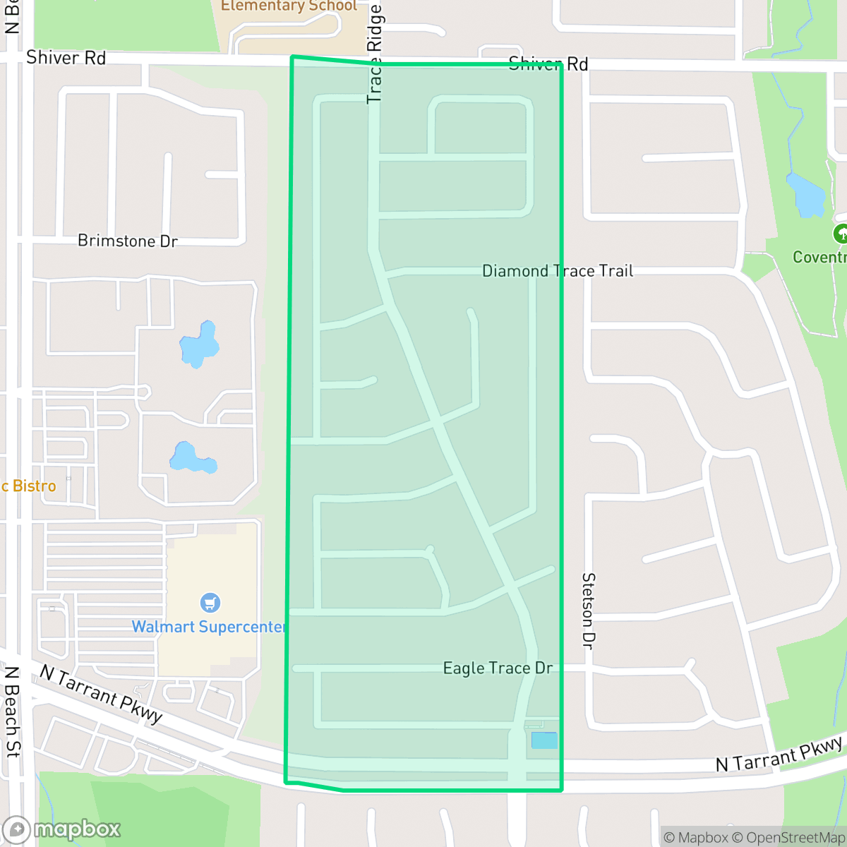 Map showing the location of Trace Ridge, Fort Worth, TX