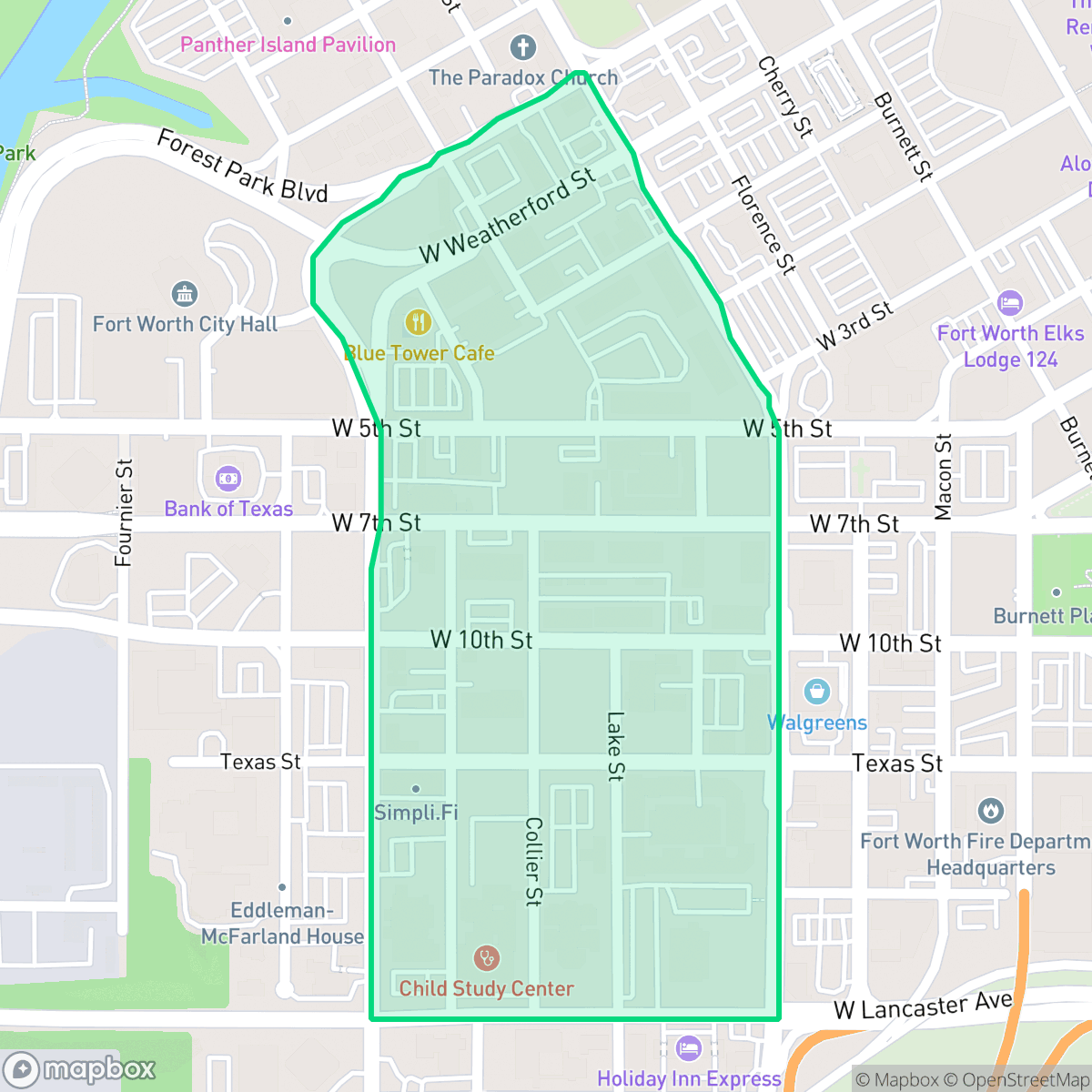 Map showing the location of Upper West Side, Fort Worth, TX