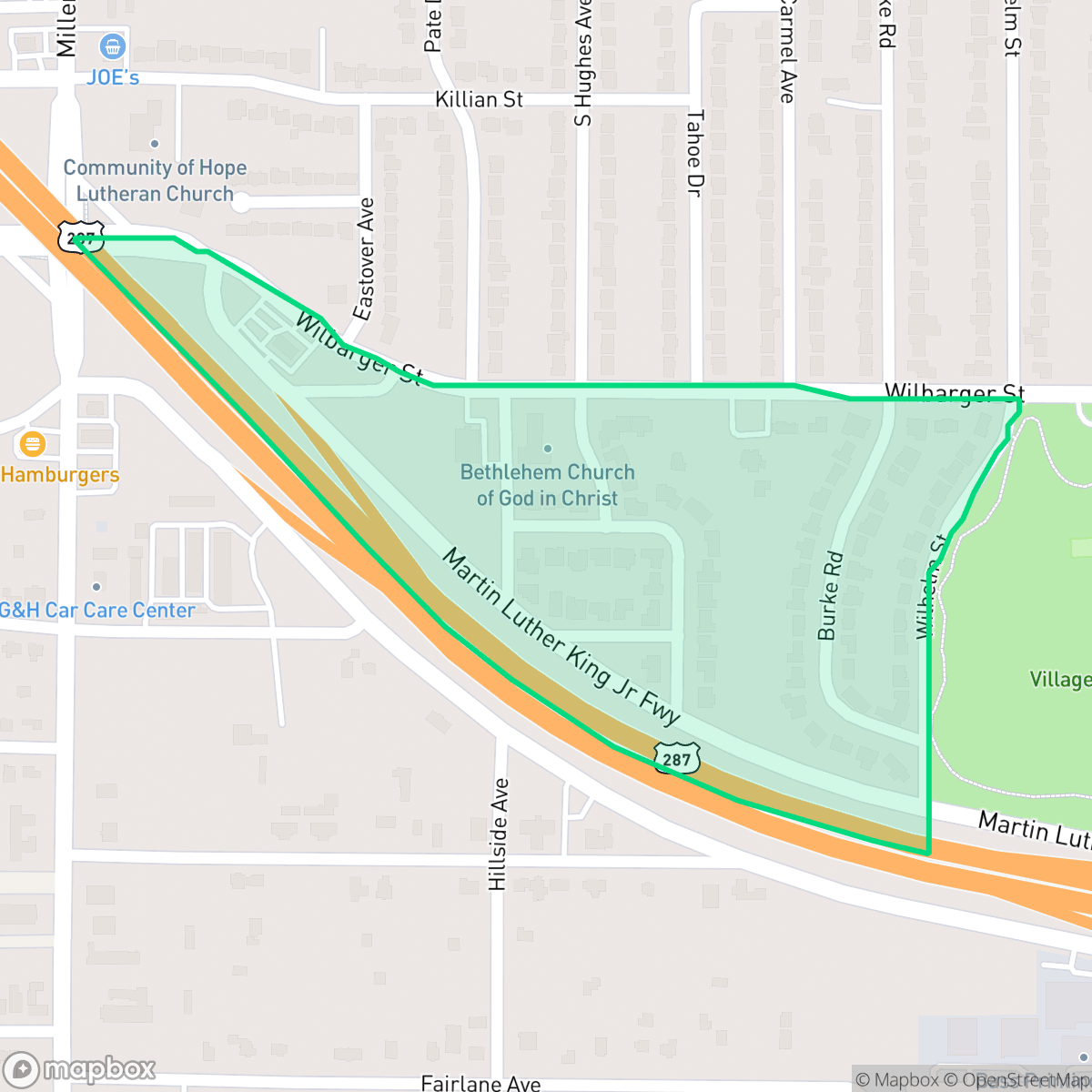 Map showing the location of Village Creek, Fort Worth, TX