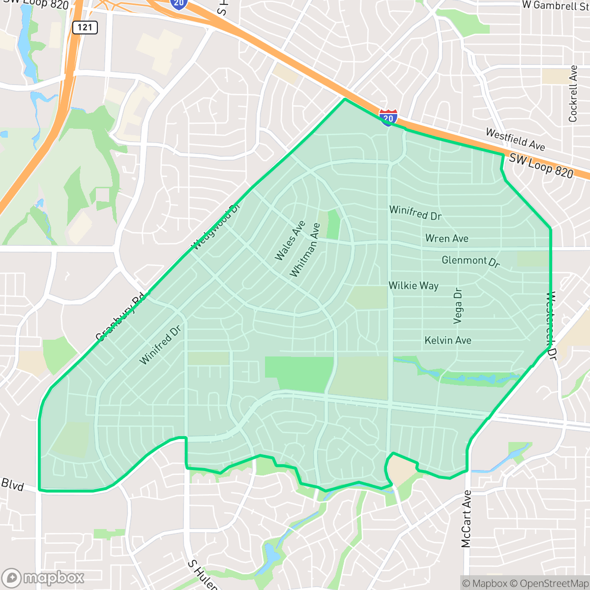 Map showing the location of Wedgwood, Fort Worth, TX
