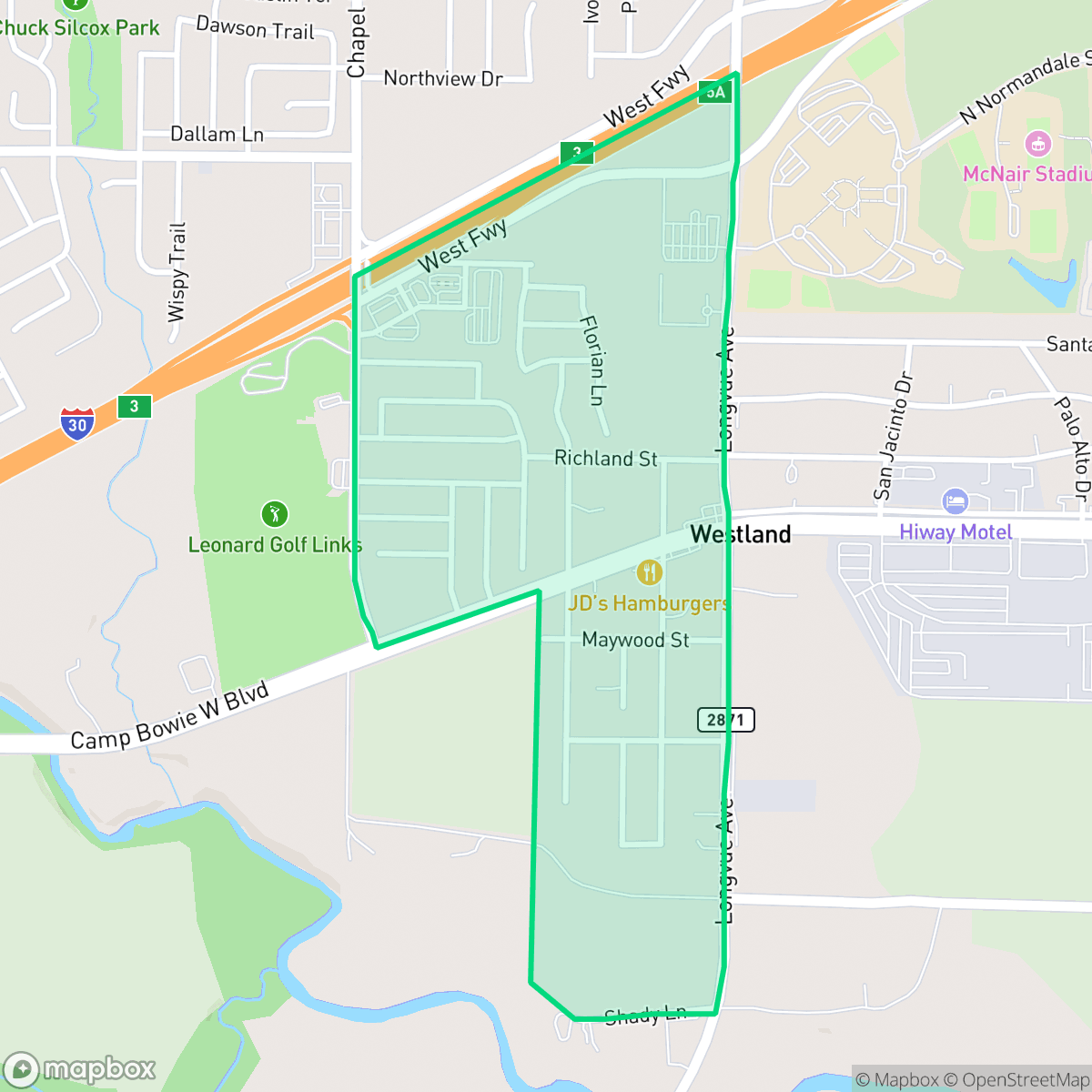 Map showing the location of Westland, Fort Worth, TX