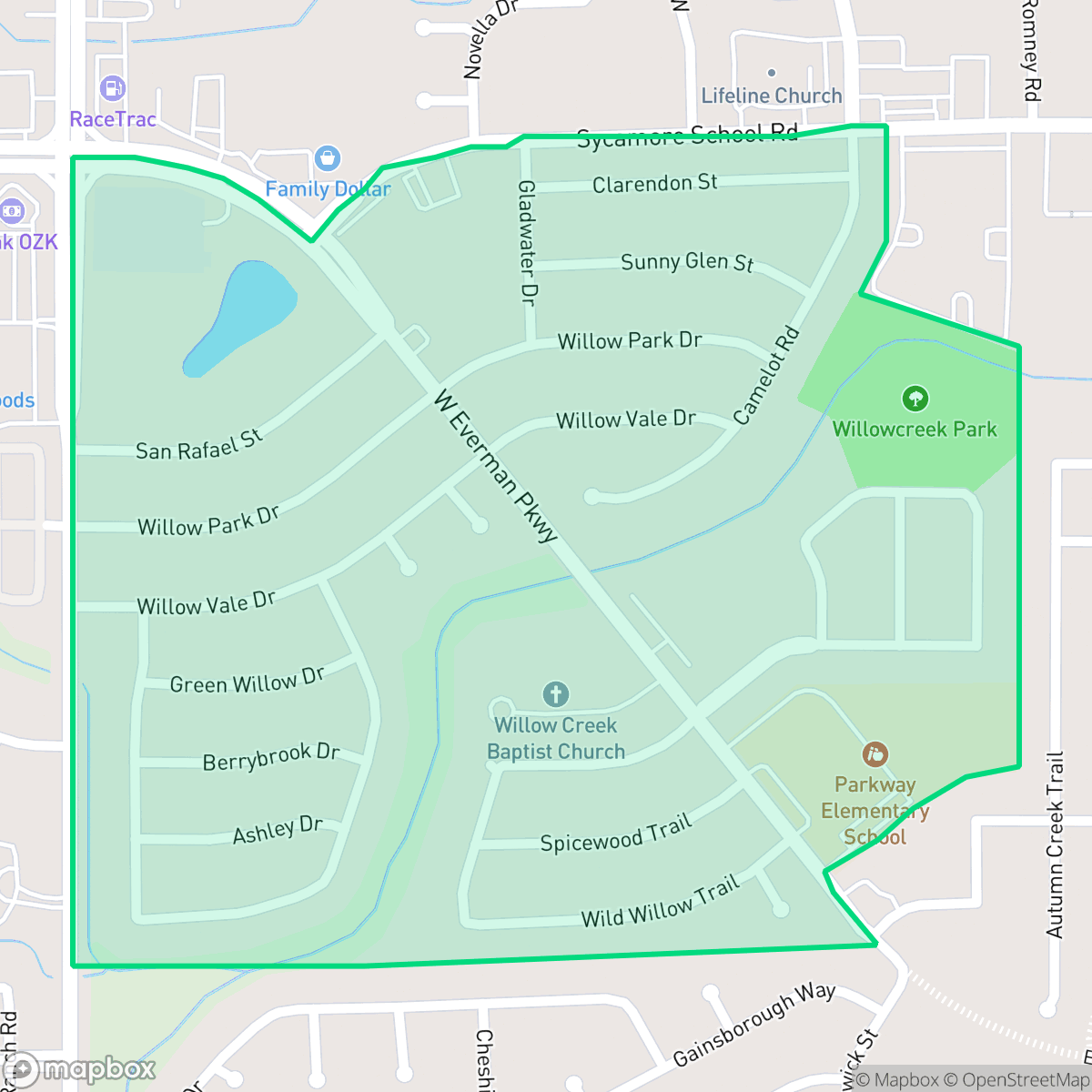 Map showing the location of Willow Creek, Fort Worth, TX