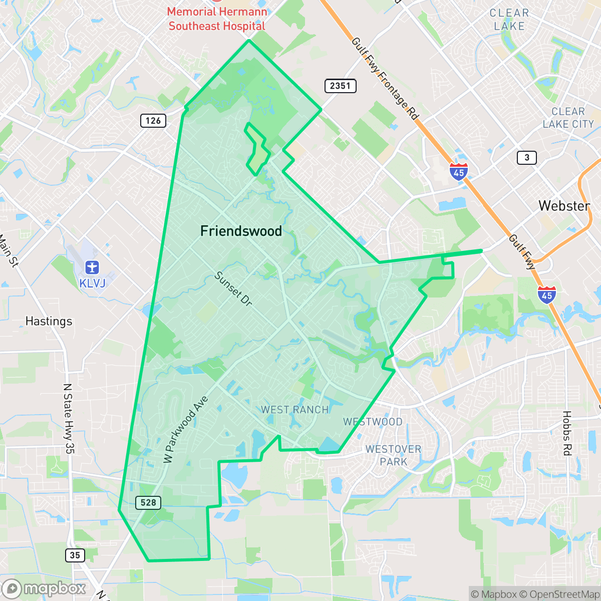 Map showing the location of Friendswood, TX — coverage area