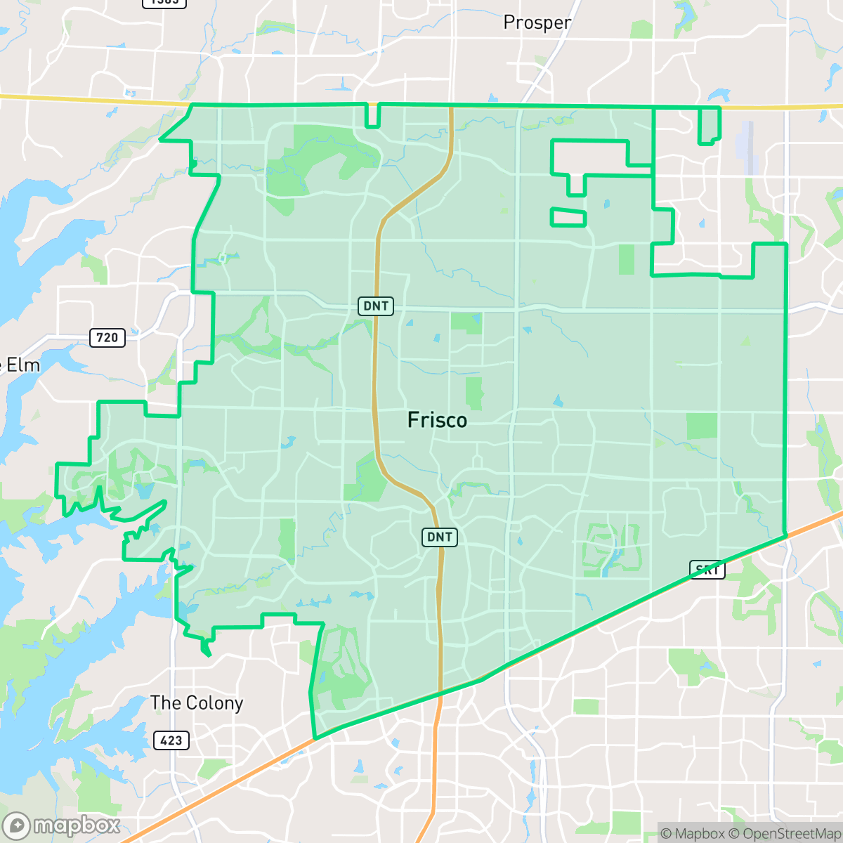 Map showing the location of Frisco, TX — coverage area