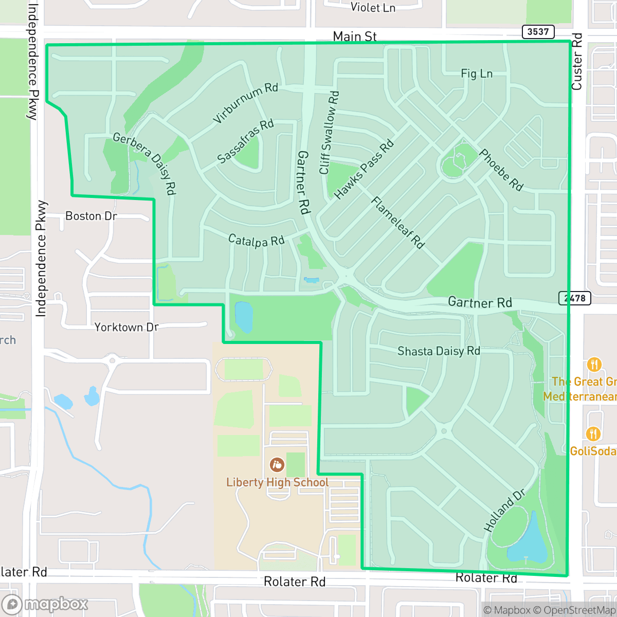 Map showing the location of The Grove Frisco, Frisco, TX