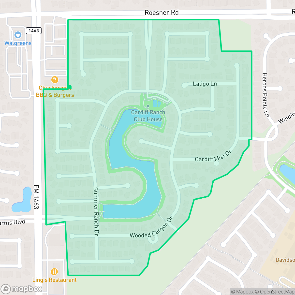 Map showing the location of Cardiff Ranch, Fulshear, TX