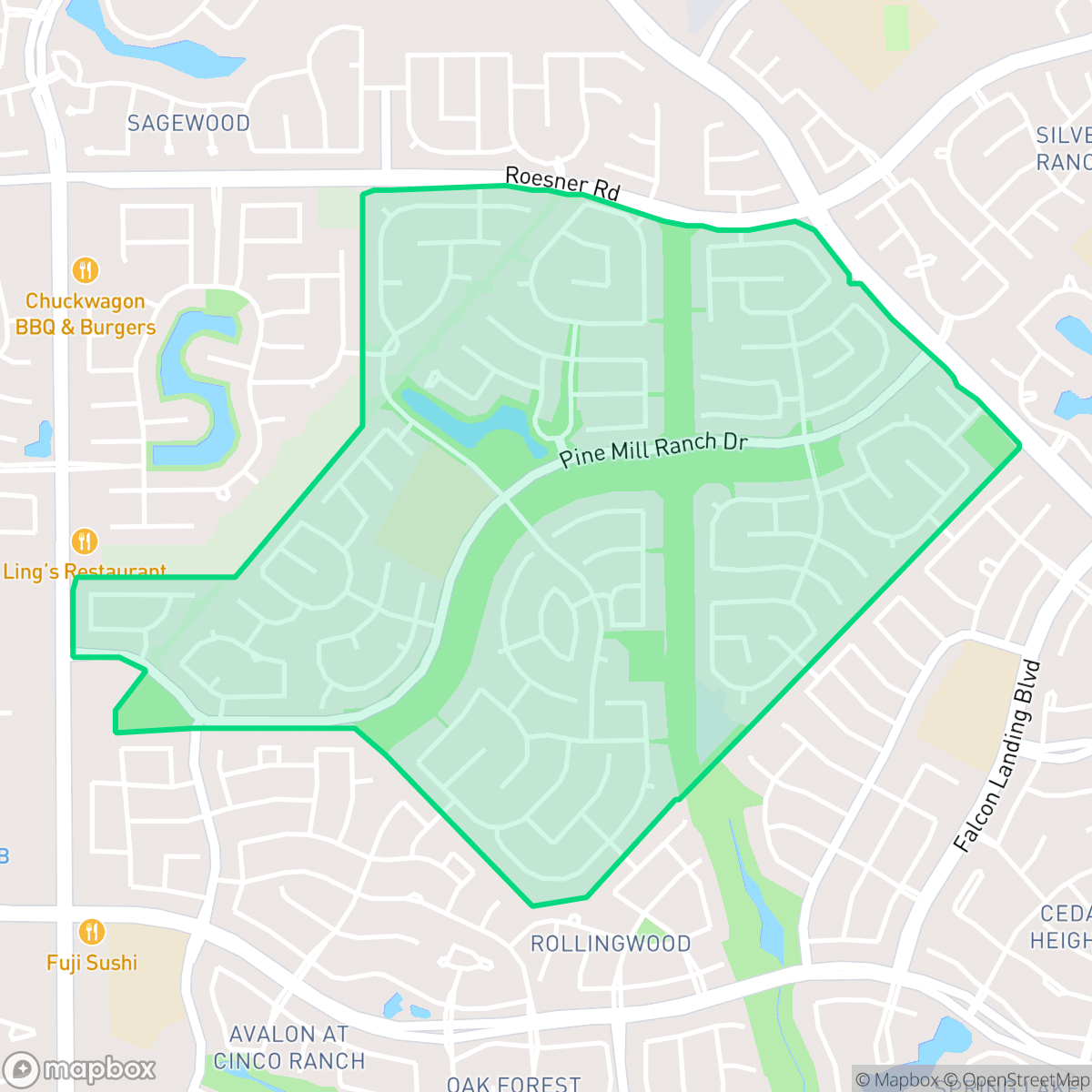 Map showing the location of Pine Mill Ranch, Fulshear, TX