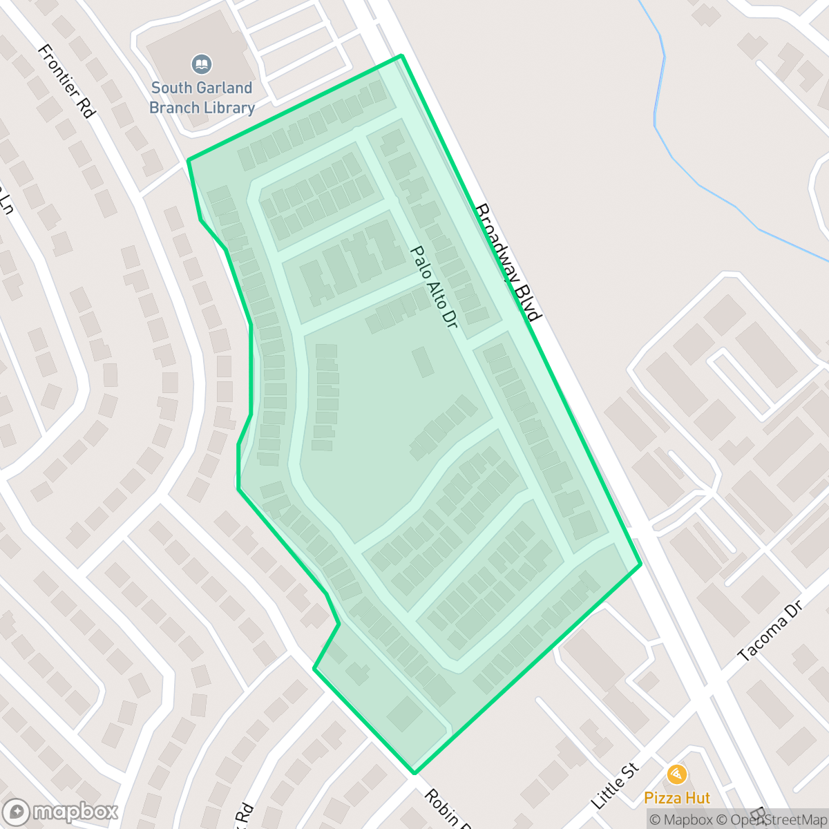 Map showing the location of Broadway Village, Garland, TX