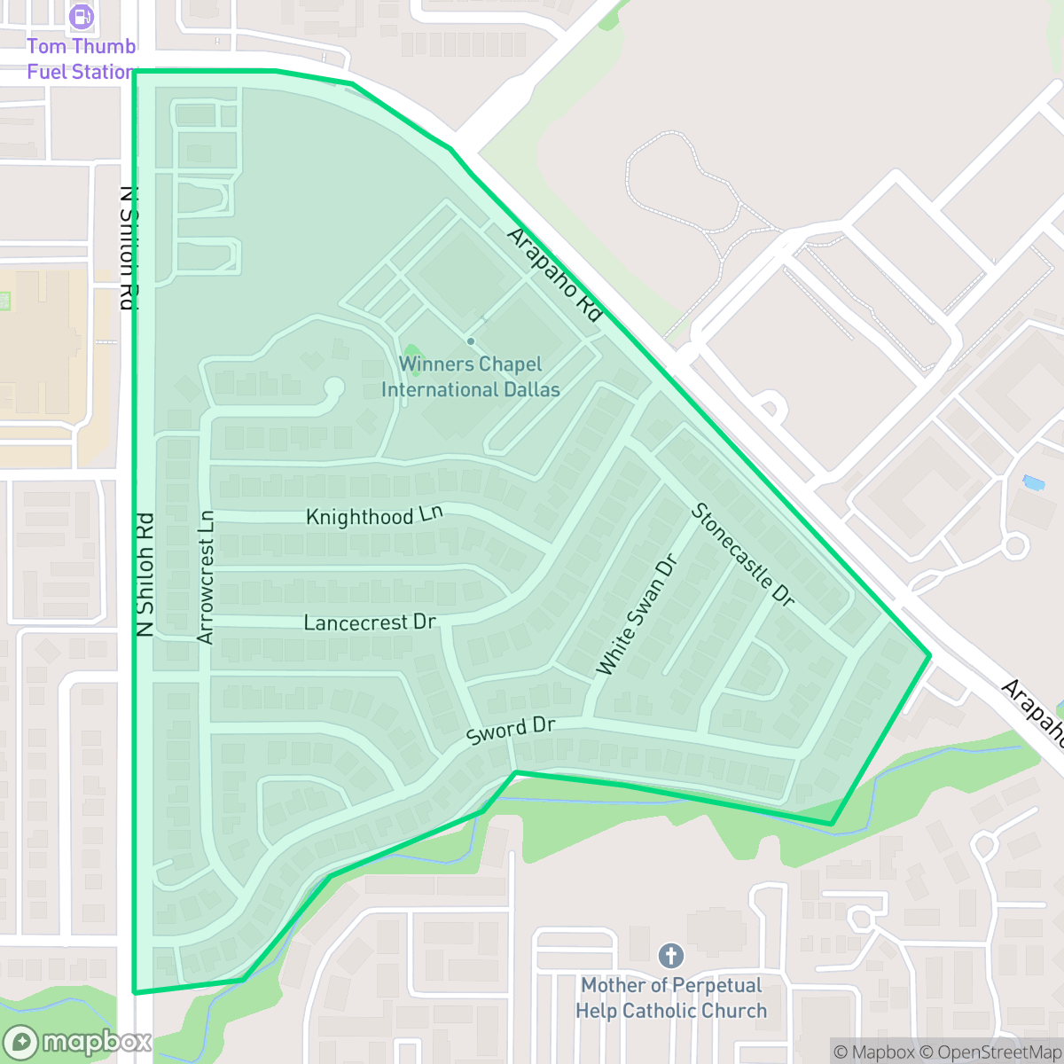 Map showing the location of Camelot Community, Garland, TX