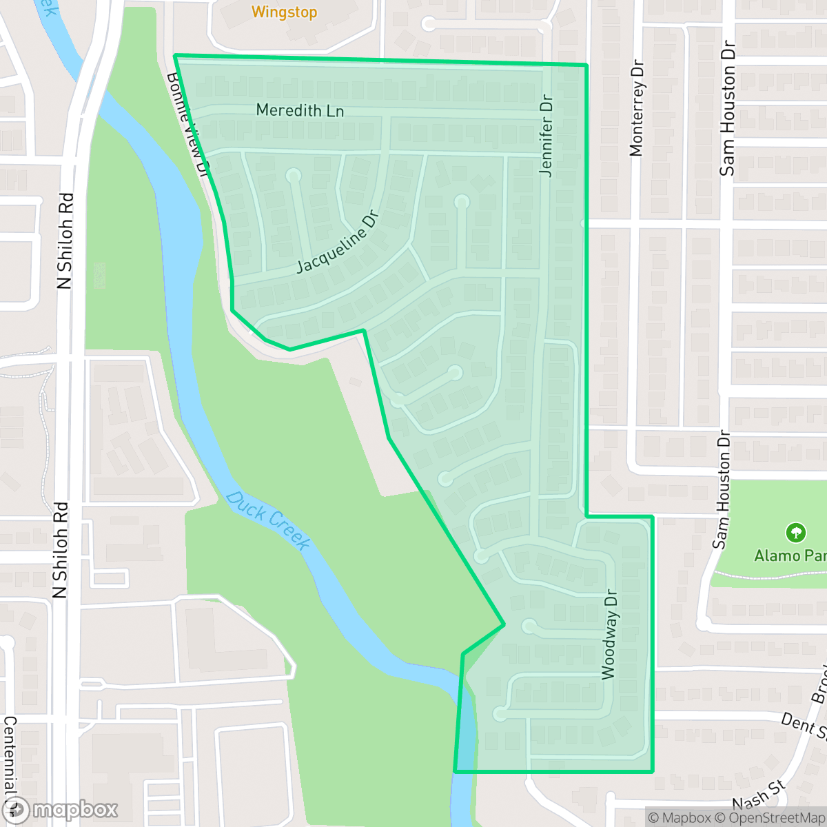 Map showing the location of Creekside Village, Garland, TX