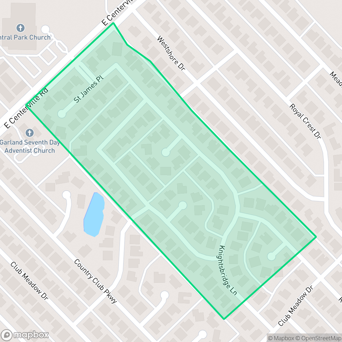 Map showing the location of Keningston Gardens, Garland, TX