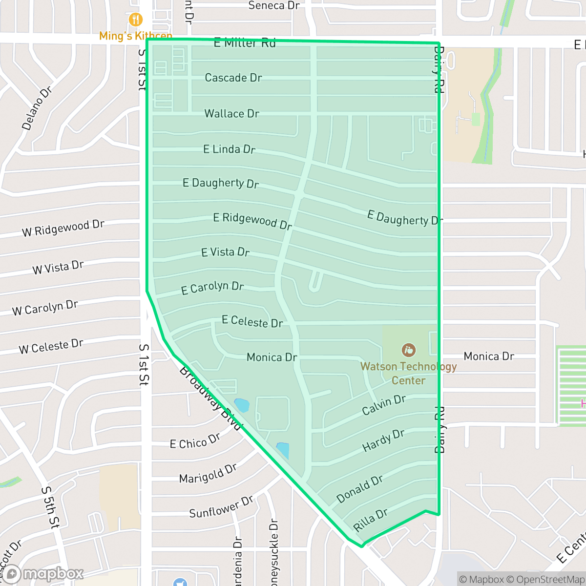 Map showing the location of Monica Park, Garland, TX