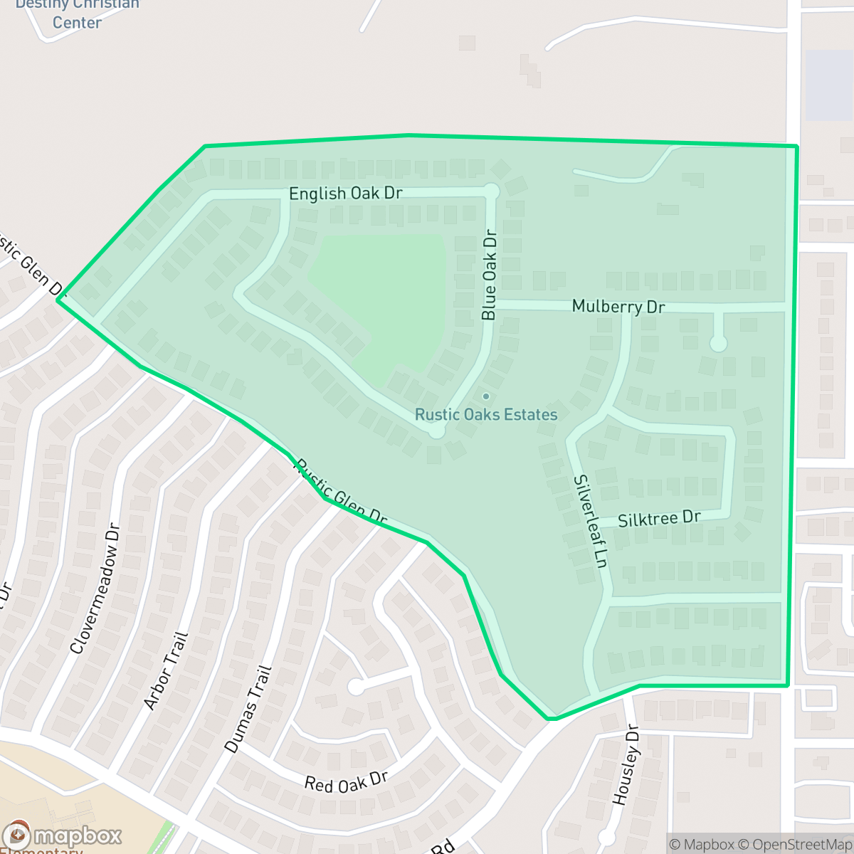 Map showing the location of Rustic Oaks, Garland, TX