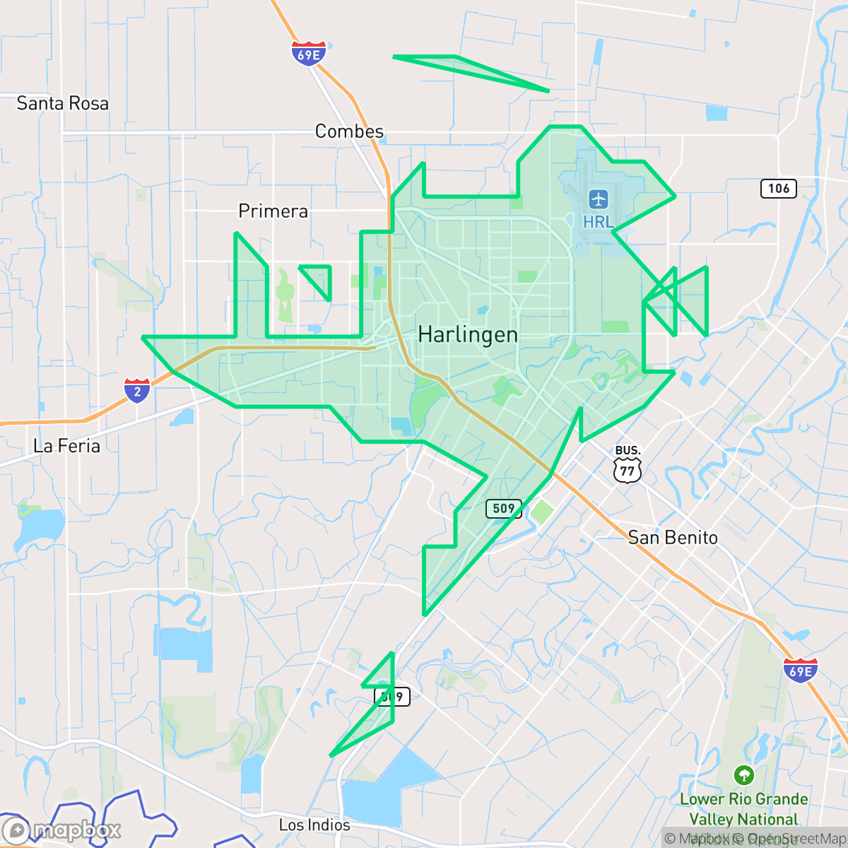 Map showing the location of Harlingen, TX — coverage area