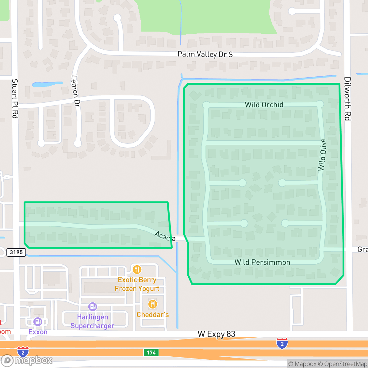 Map showing the location of Wildwood Subdivision, Harlingen, TX