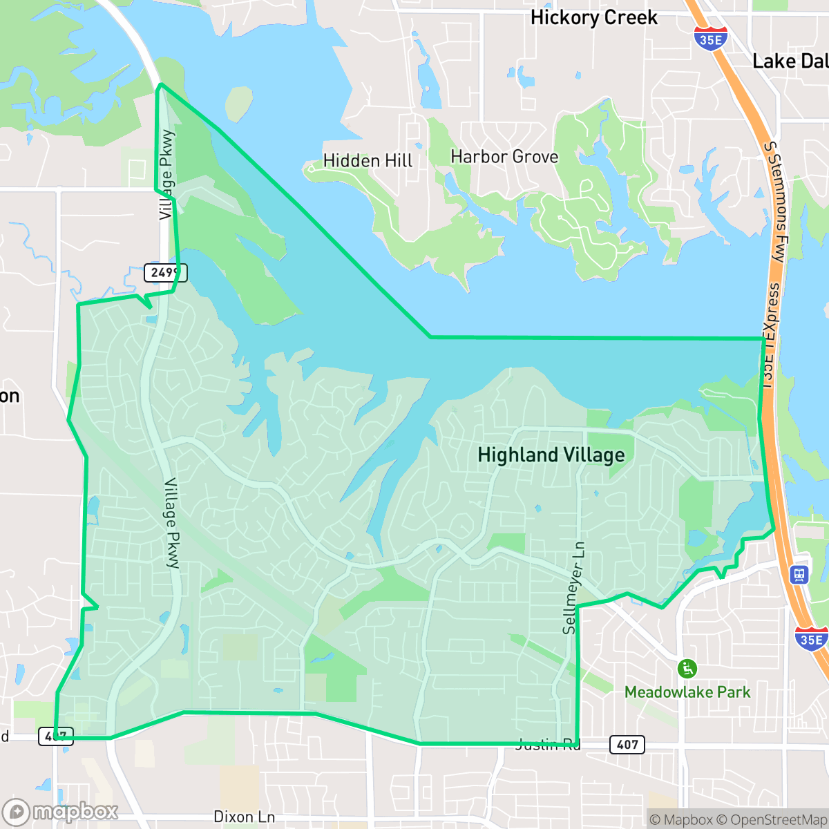 Map showing the location of Highland Village, TX — coverage area