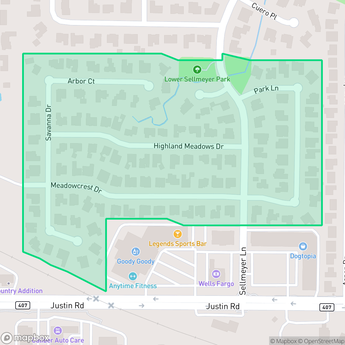 Map showing the location of Highland Meadows, Highland Village, TX