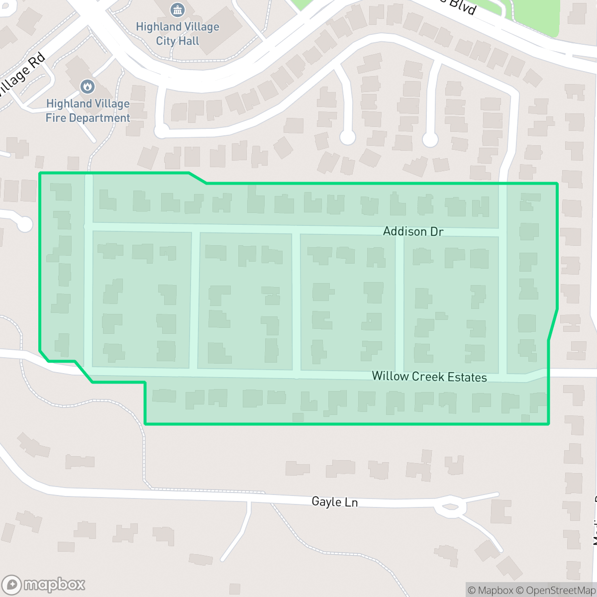 Map showing the location of Willow Creek Estates, Highland Village, TX