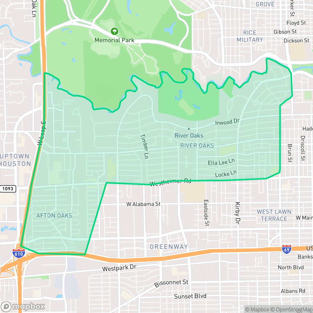 Map showing the location of Afton Oaks - River Oaks Area, Houston, TX