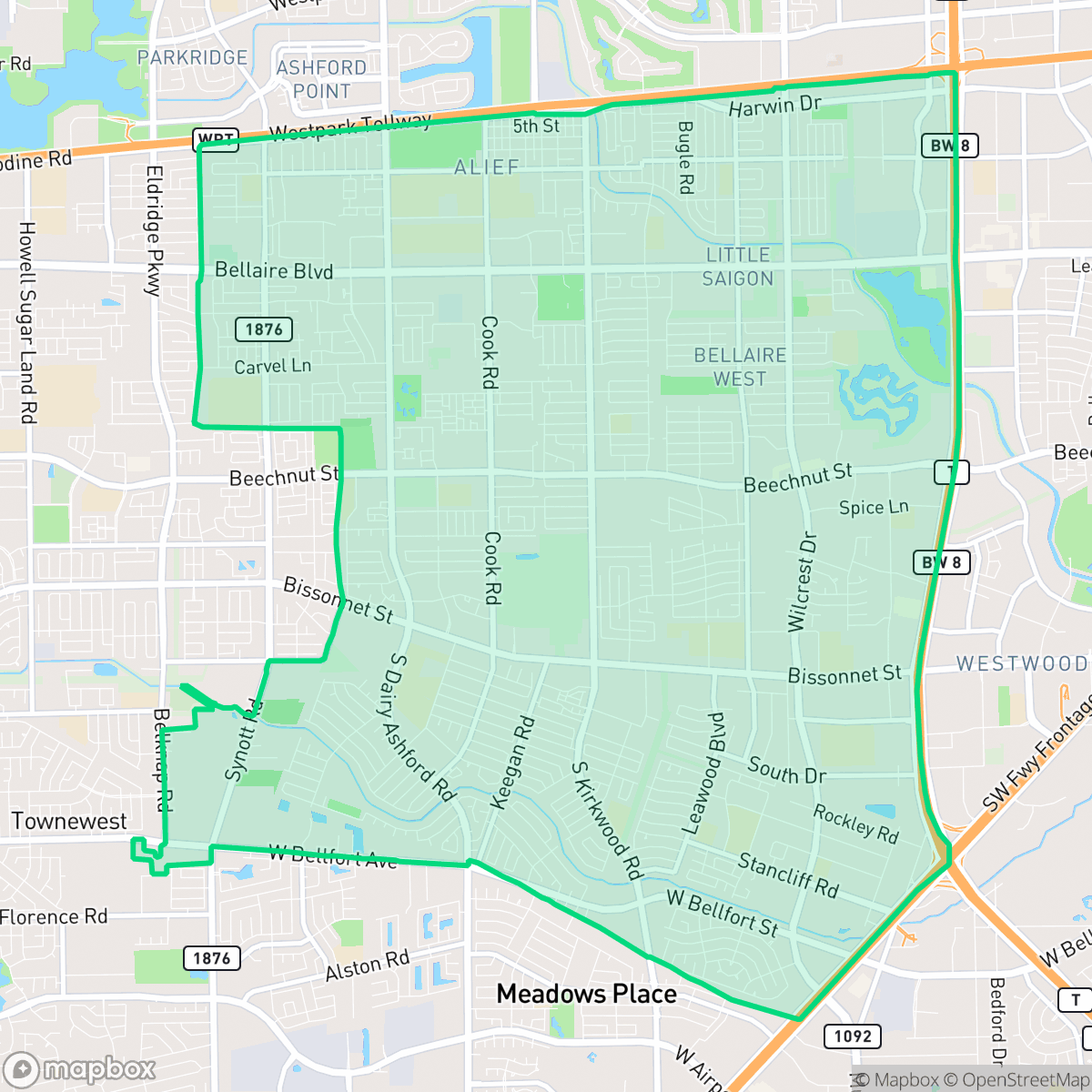 Map showing the location of Alief, Houston, TX