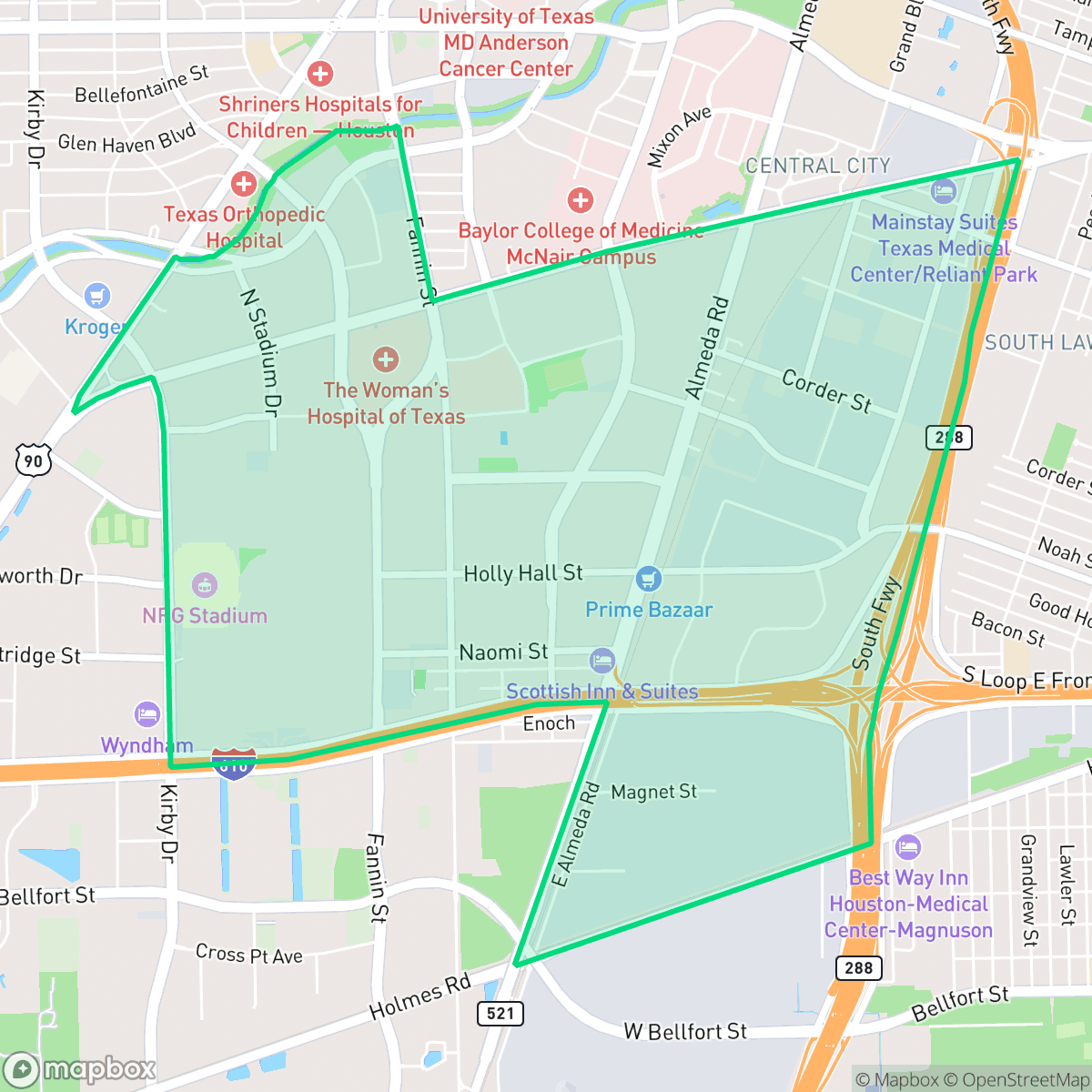 Map showing the location of Astrodome Area, Houston, TX