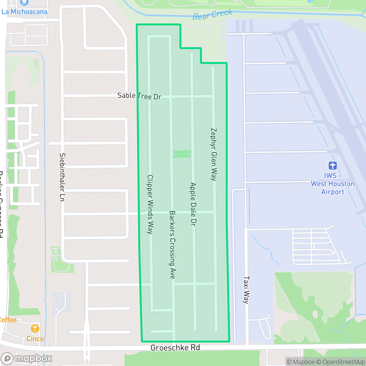 Map showing the location of Barkers Crossing, Houston, TX