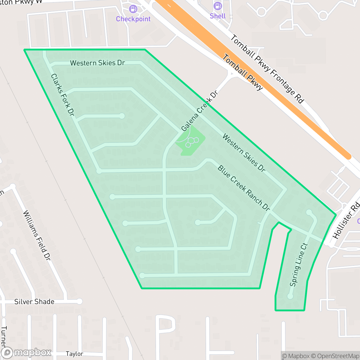 Map showing the location of Blue Creek Ranch, Houston, TX