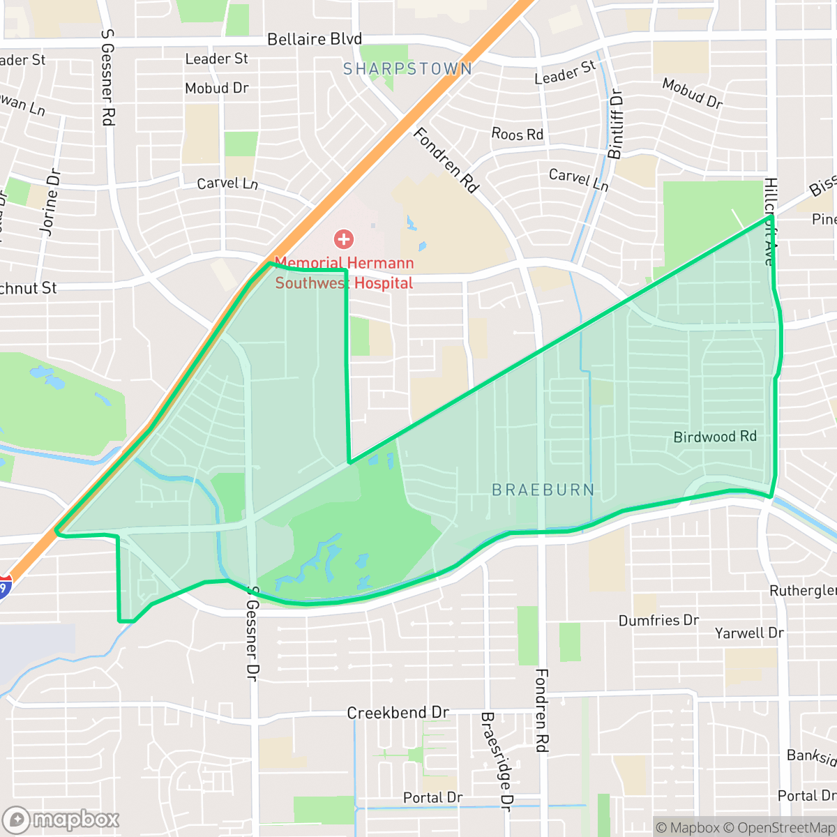 Map showing the location of Braeburn, Houston, TX