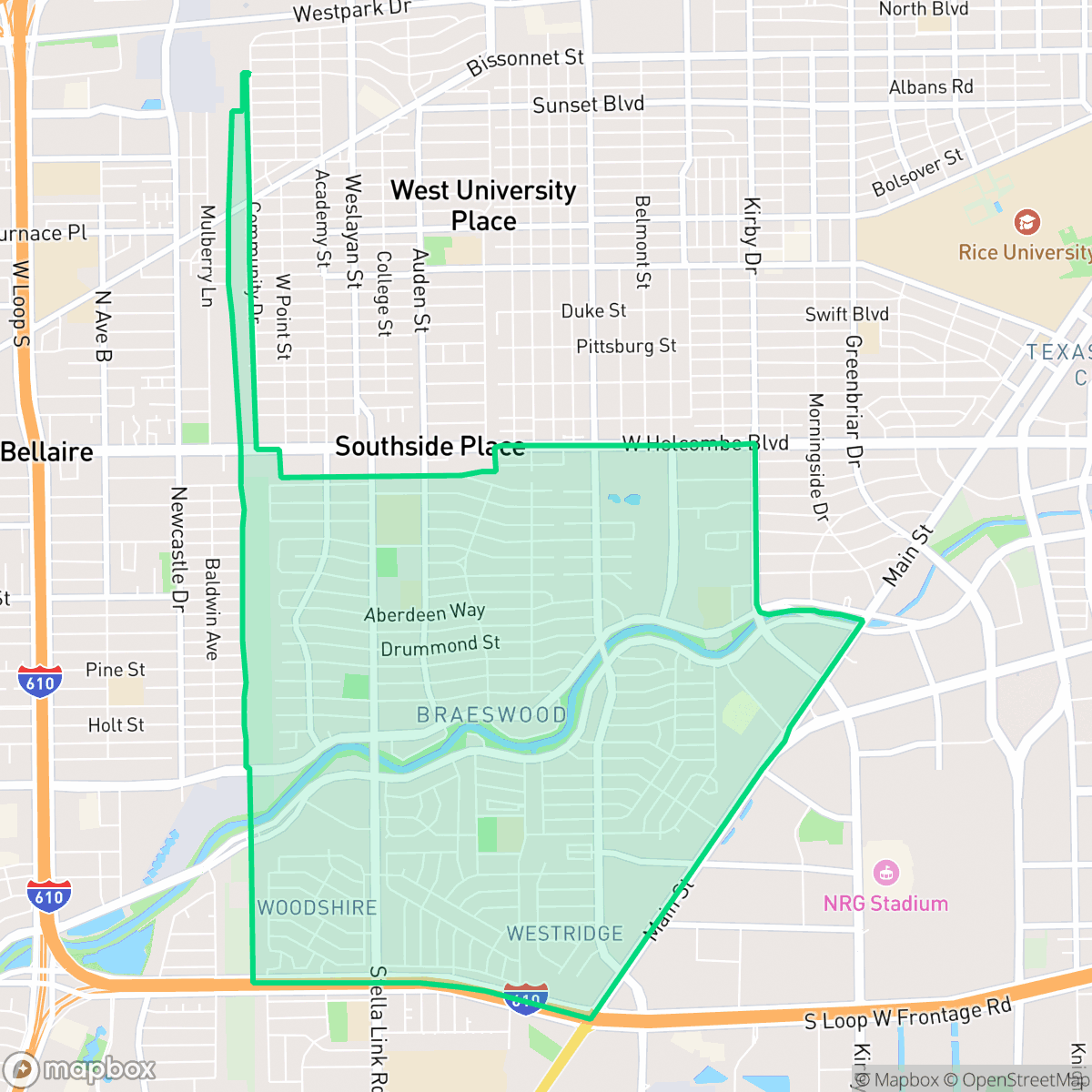 Map showing the location of Braeswood Place, Houston, TX