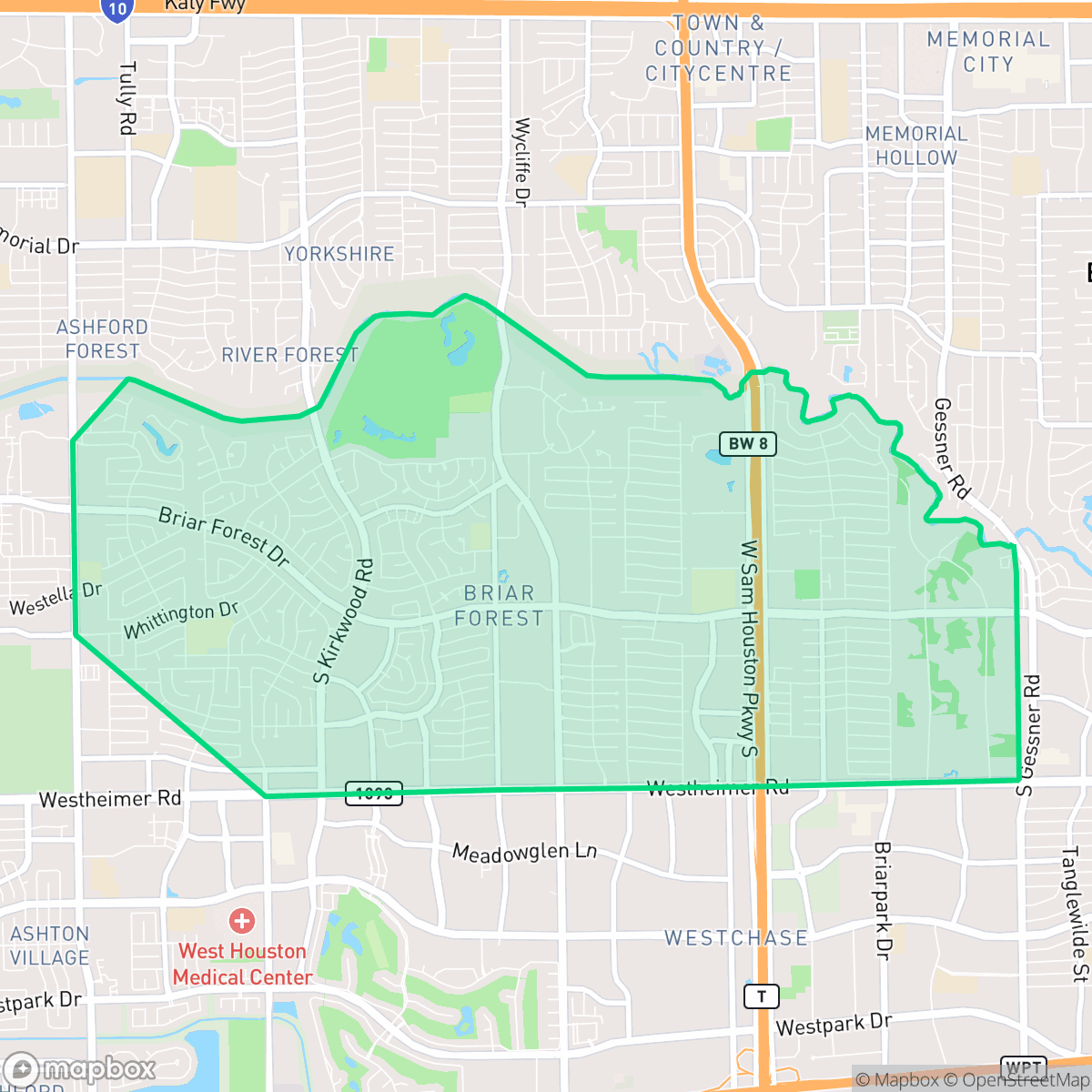 Map showing the location of Briarforest Area, Houston, TX