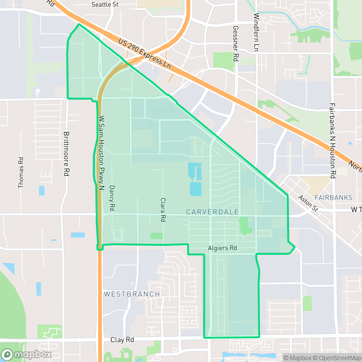Map showing the location of Carverdale, Houston, TX