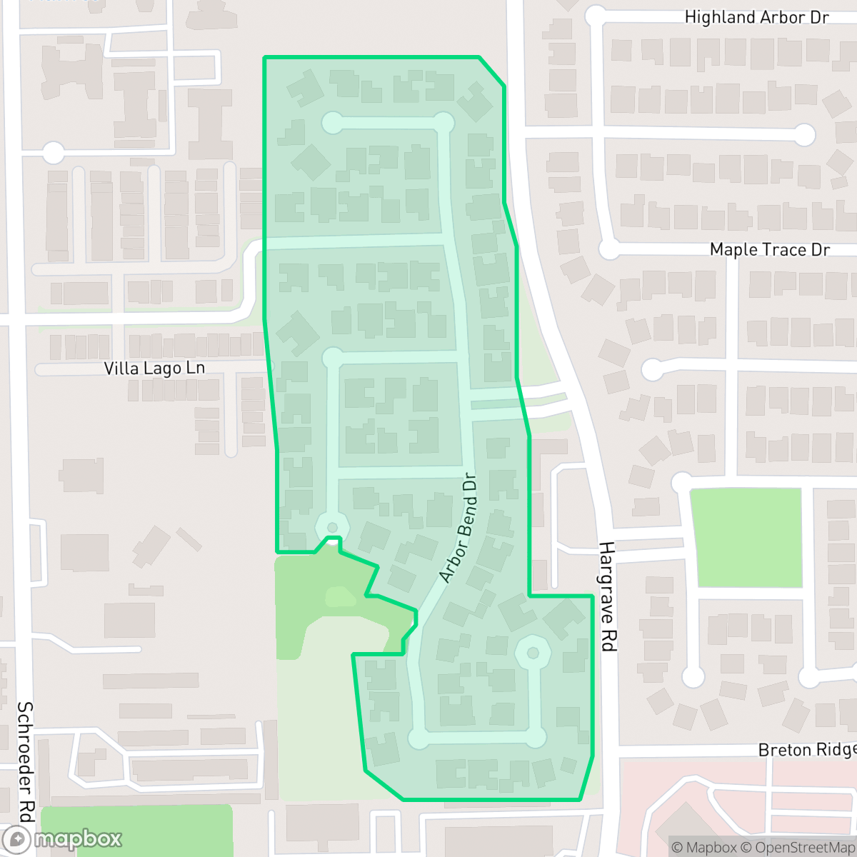 Map showing the location of Champions Arbor, Houston, TX