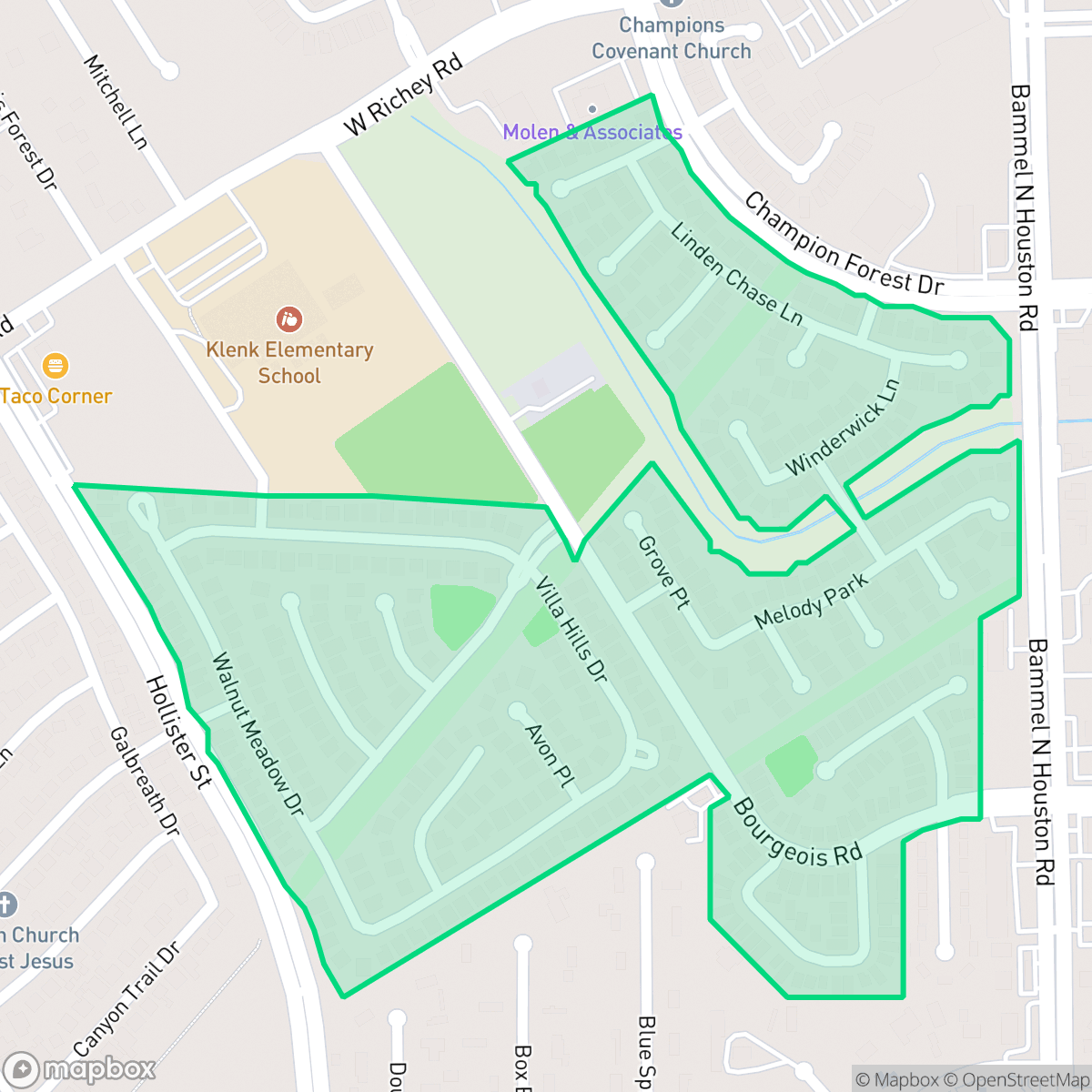 Map showing the location of Champions Point Village, Houston, TX