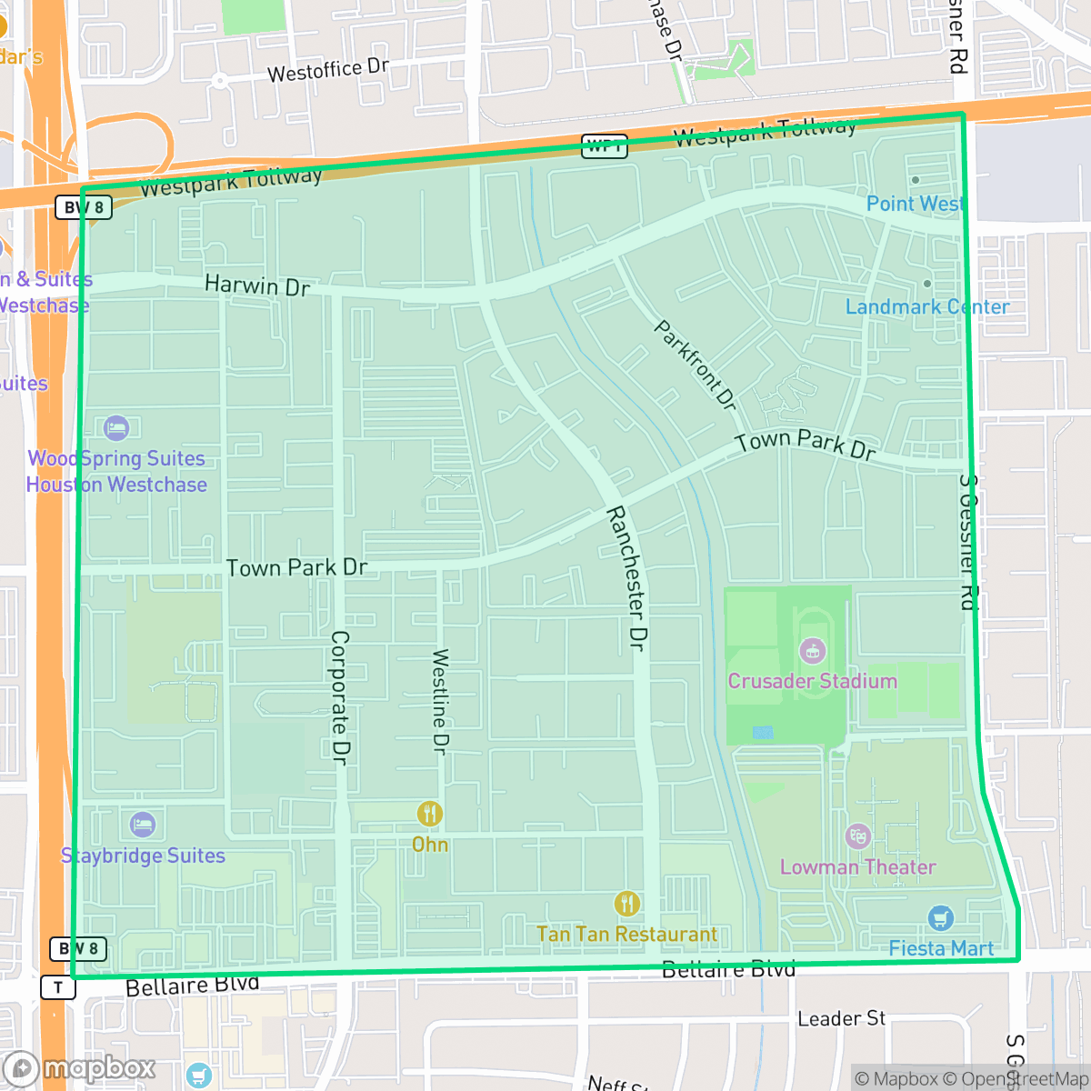 Map showing the location of Chinatown, Houston, TX