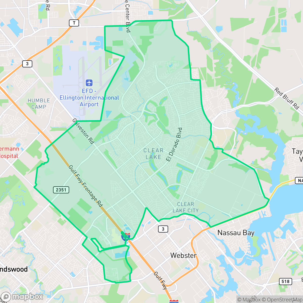 Map showing the location of Clear Lake, Houston, TX