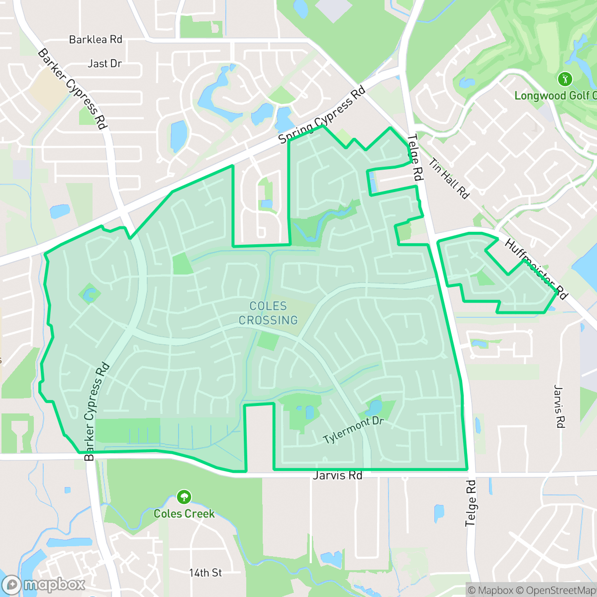 Map showing the location of Coles Crossing, Houston, TX