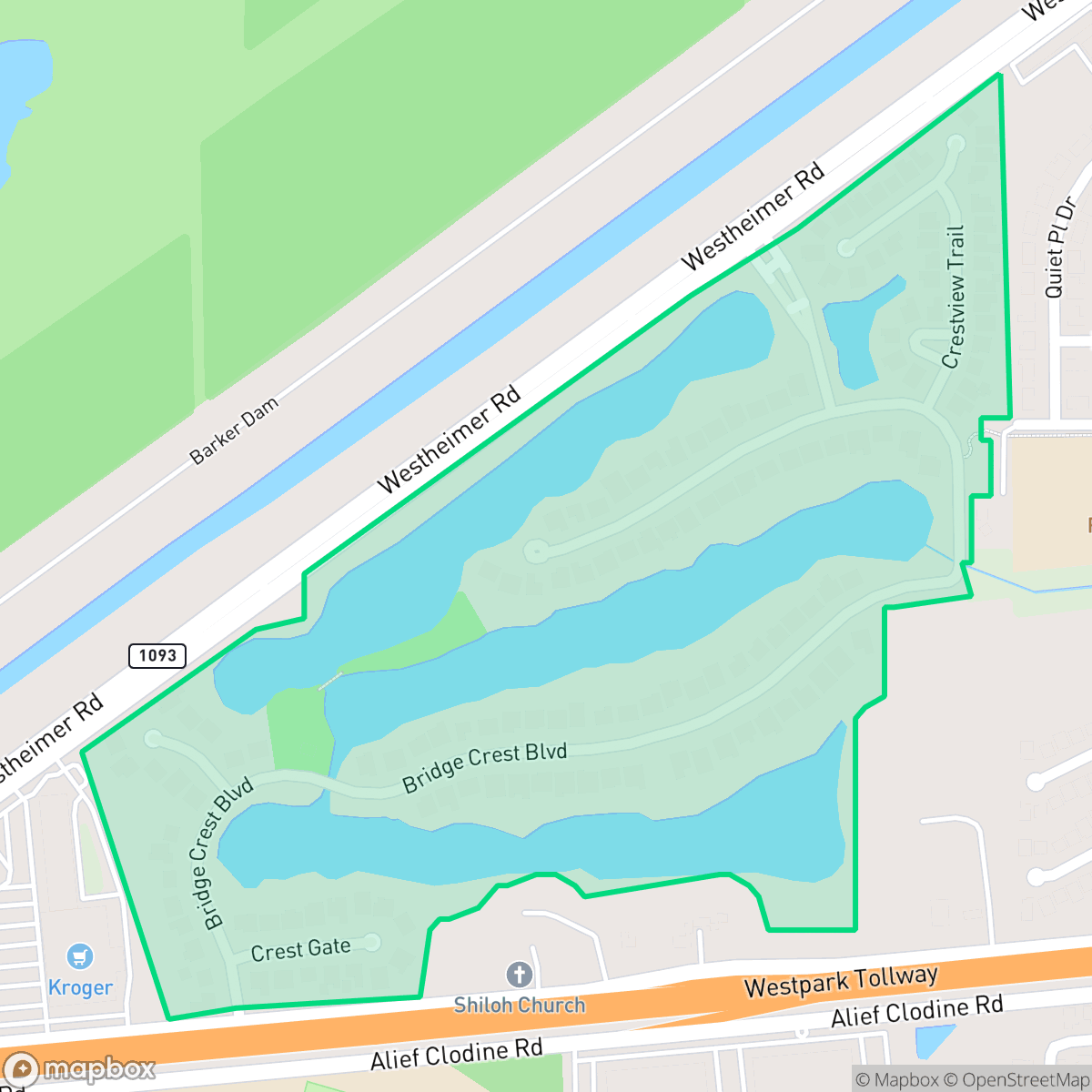 Map showing the location of Crestwater, Houston, TX