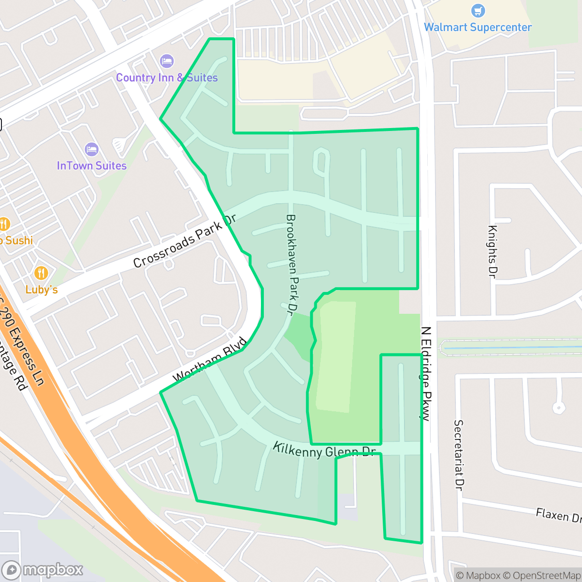 Map showing the location of Crossroads Park, Houston, TX