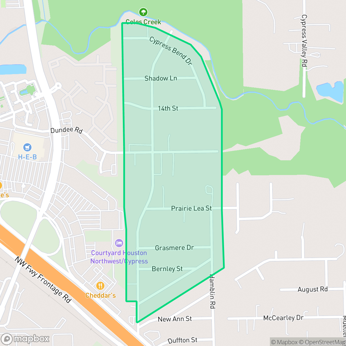 Map showing the location of Cypress Bend, Houston, TX