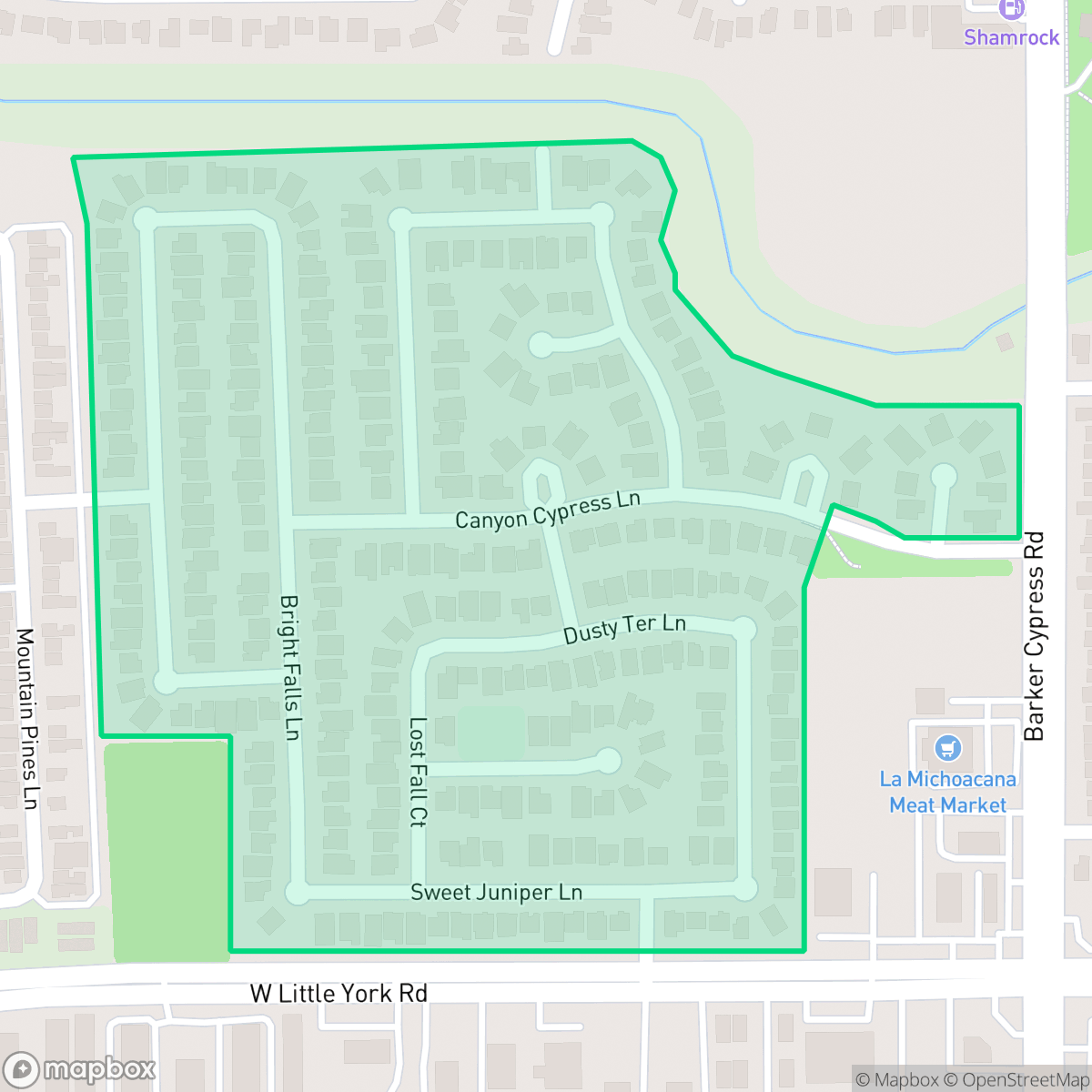 Map showing the location of Cypress Falls, Houston, TX