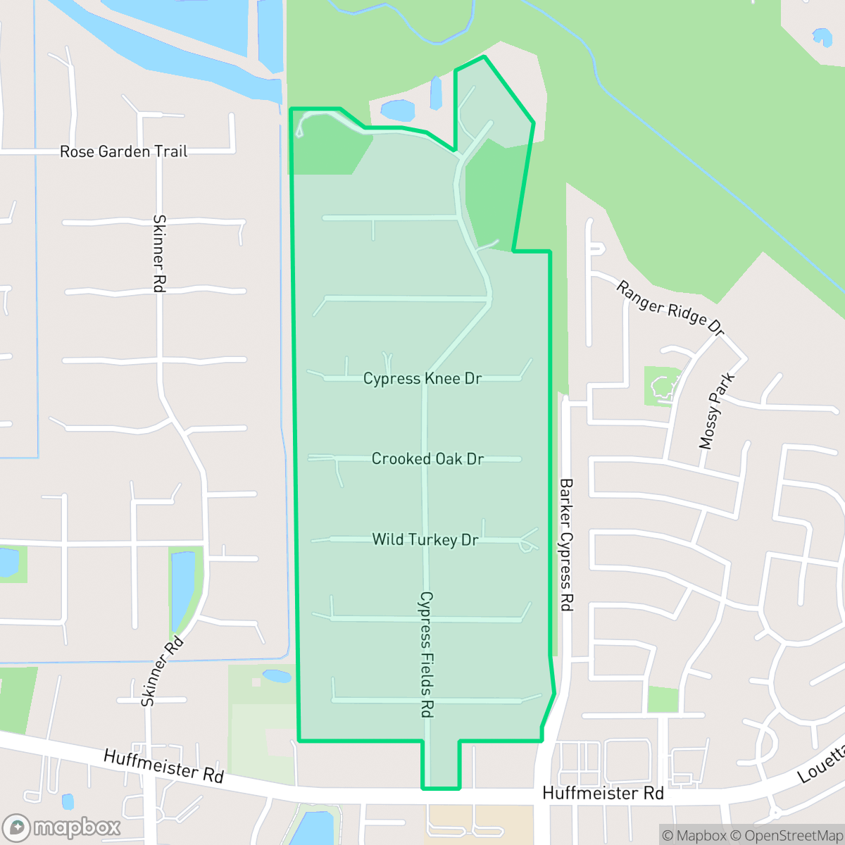 Map showing the location of Cypress Fields, Houston, TX