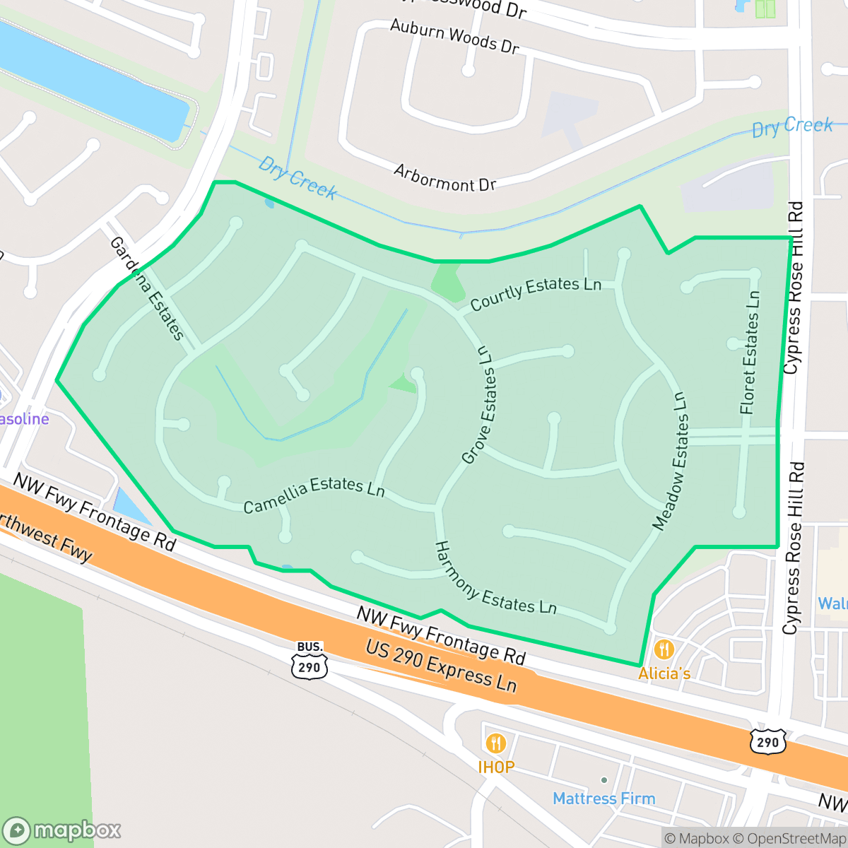 Map showing the location of Cypress Mill Estates, Houston, TX