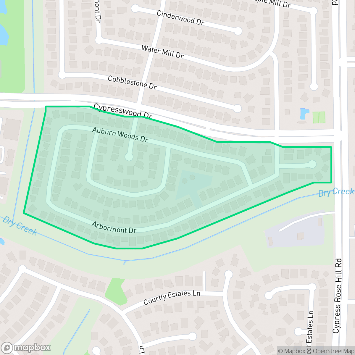Map showing the location of Cypress Mill Place, Houston, TX