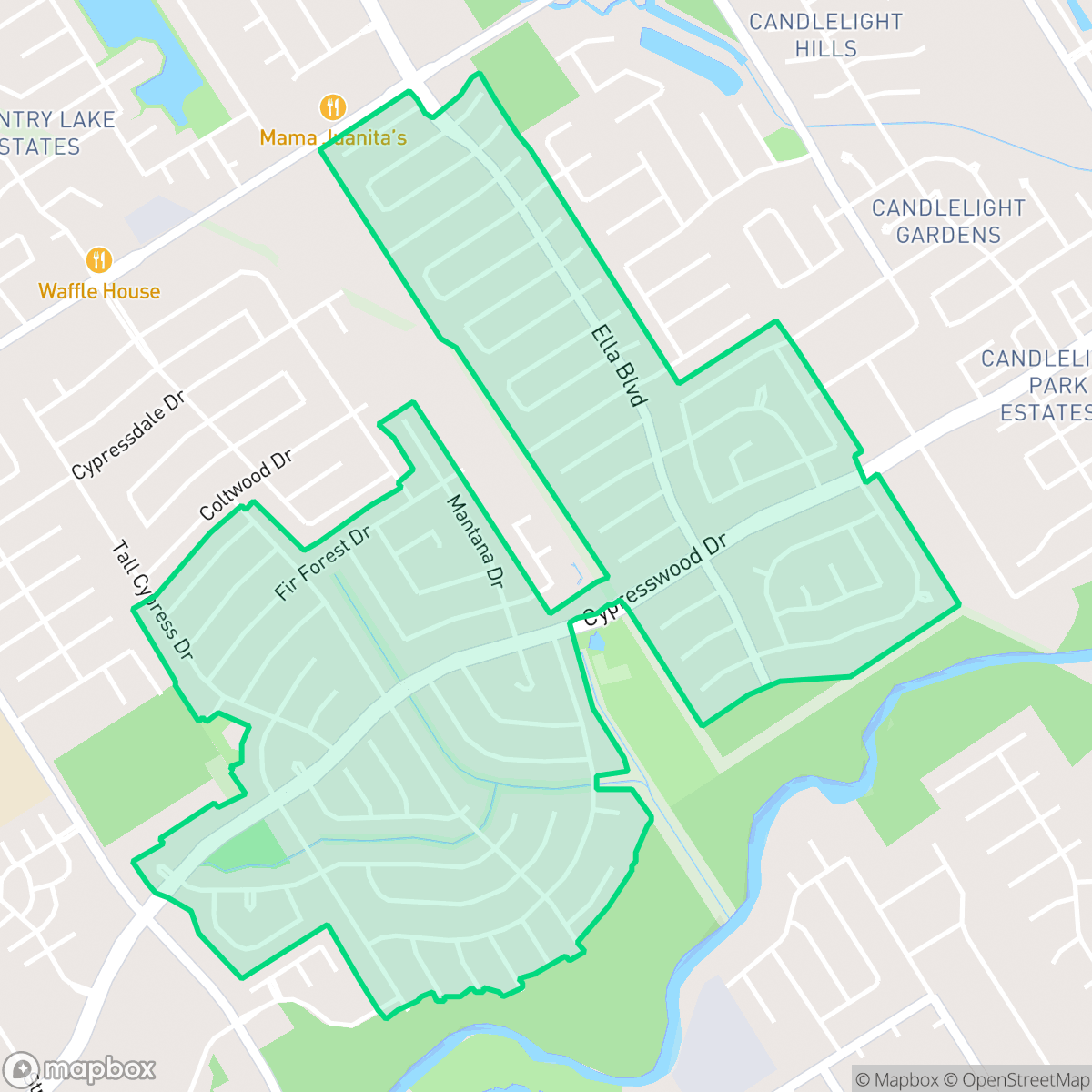 Map showing the location of Cypresswood, Houston, TX