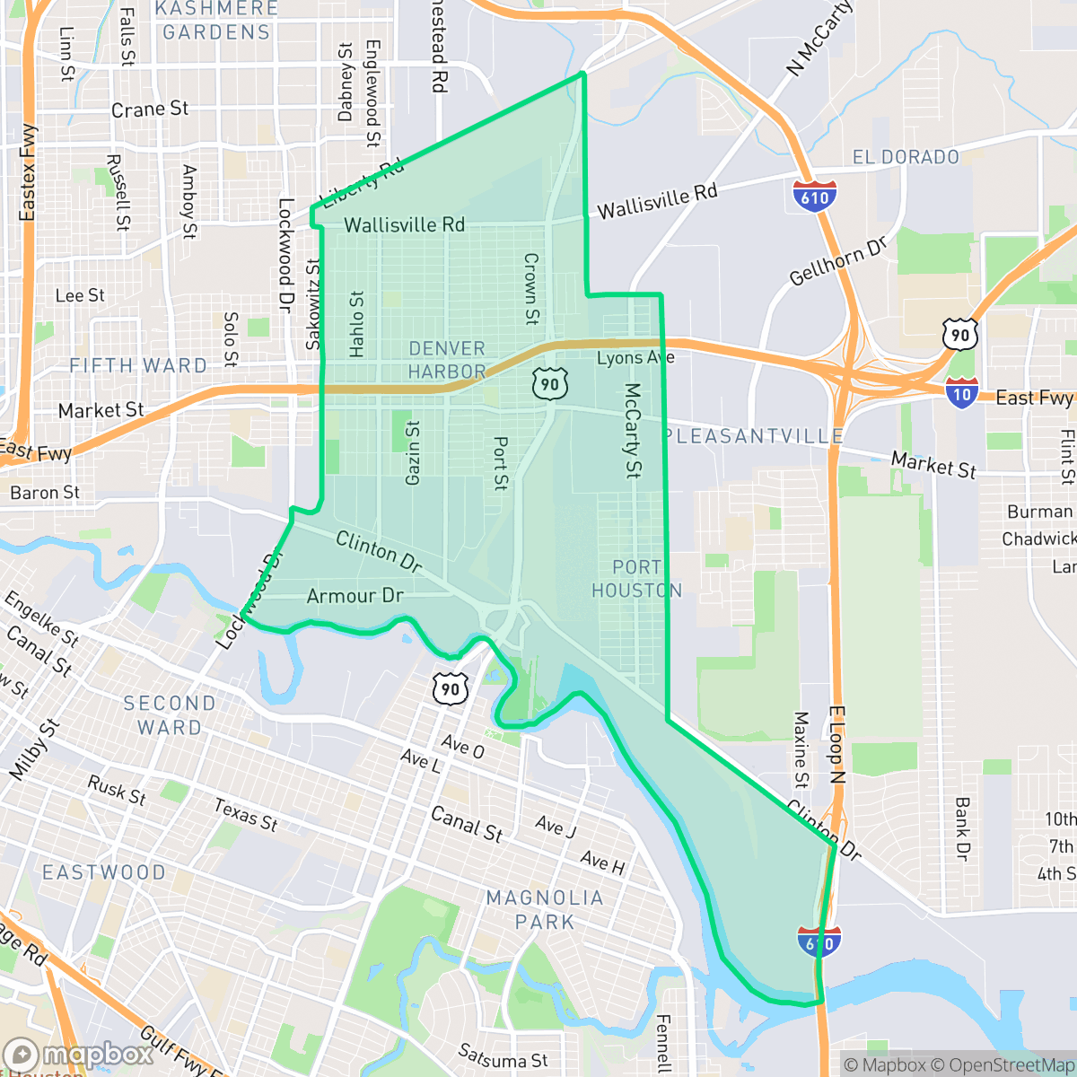 Map showing the location of Denver Harbor - Port Houston, Houston, TX